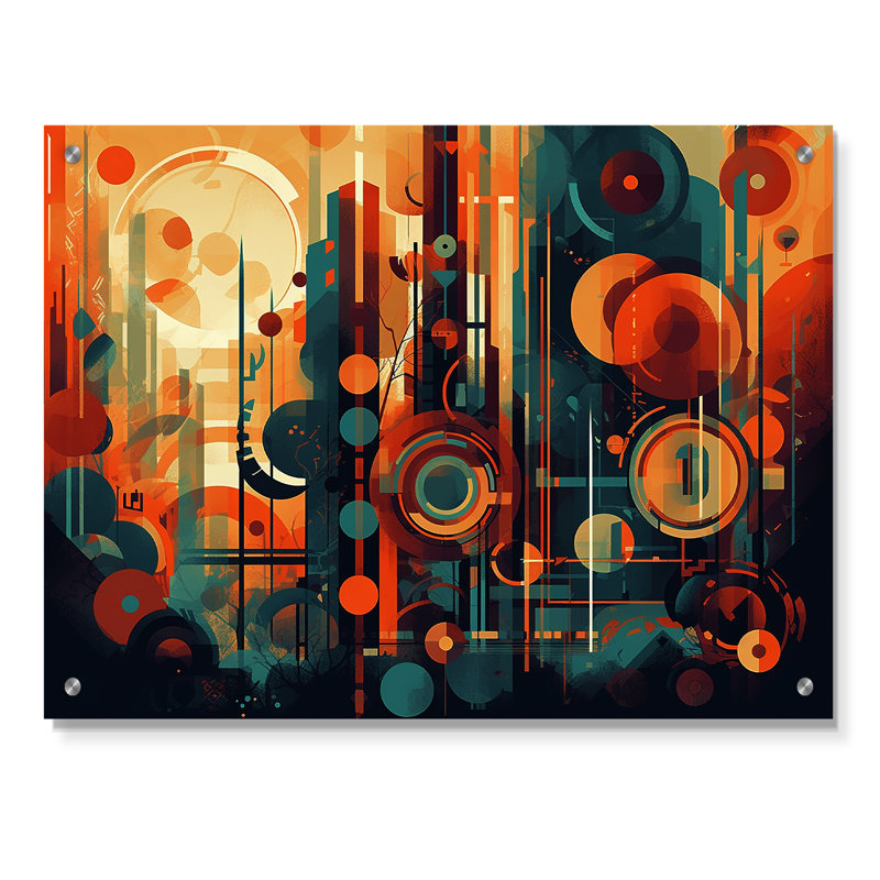 Orange et bleu abstrait nostalgie II - Abstrait art mural Mid-Century, H 16 po x l 32 po
