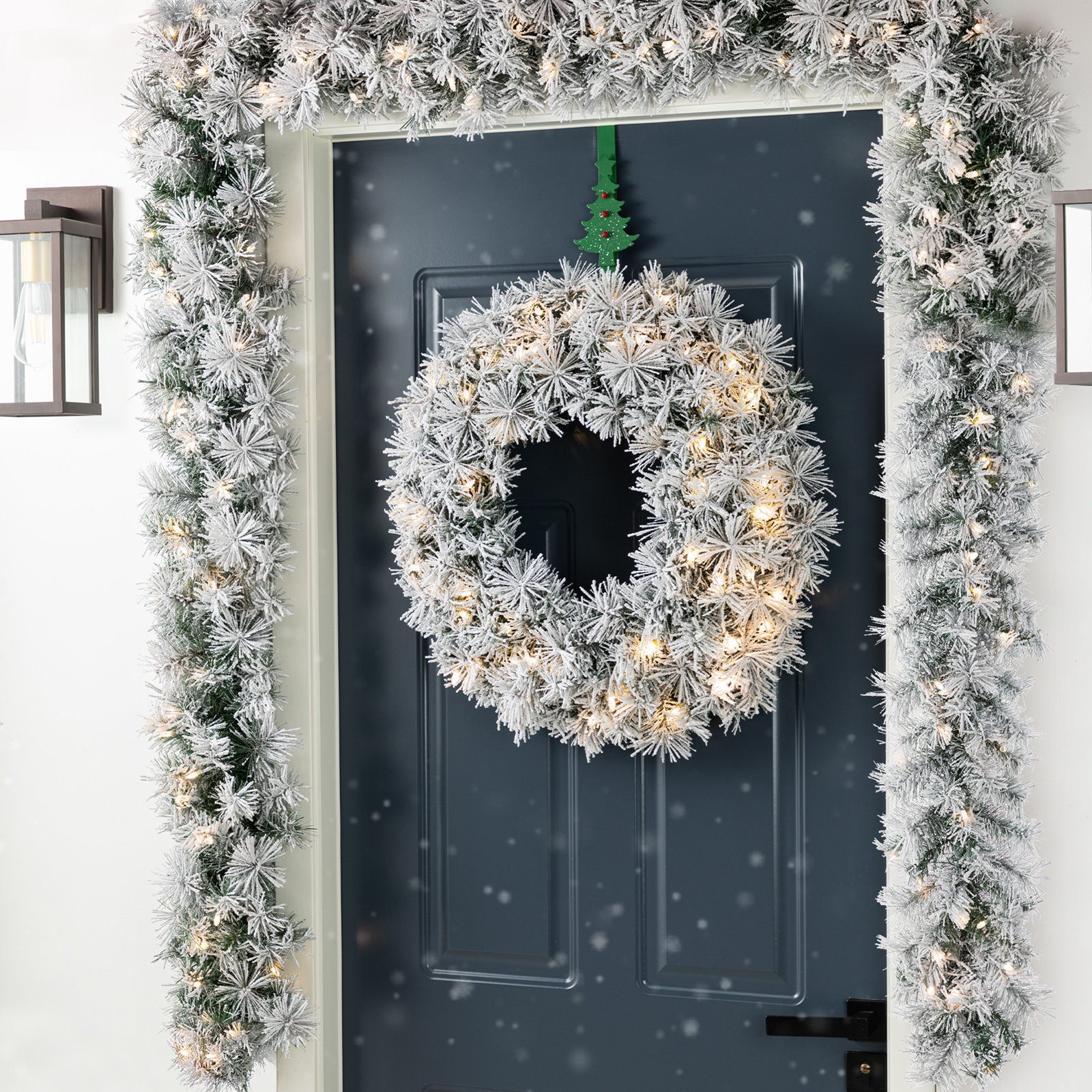 S/2 6ft Pre-Lit Snow Flocked Greenery Pine Christmas Garland with Lights and Timer