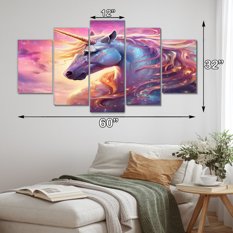 Licorne cosmique mauve magique II - fantaisie, décoration murale licorne - 5 panneaux