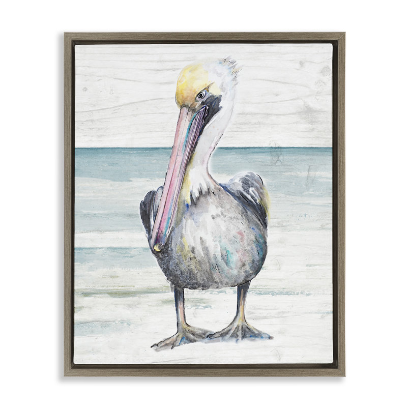 Pélican debout sur la plage, 21" H x 17" W, Cadre flottant orme Montalcino