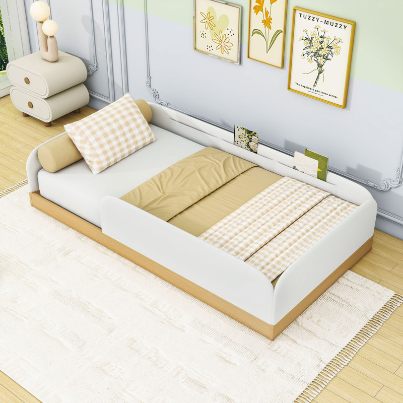 Lit plateforme simple tapissier avec sacs de rangement et lattes