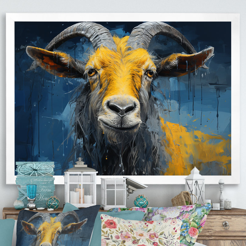 Chèvre jaune et bleu, prairie, portrait II - art mural de chèvre, Cadre de coin blanc fermé, H 16 po x l 32 po x P 1 po