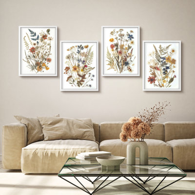 " Wild Floral Botanical Rustic Artwork Framed Prints Posters Bathroom Small Wall Art " 4 - Pieces