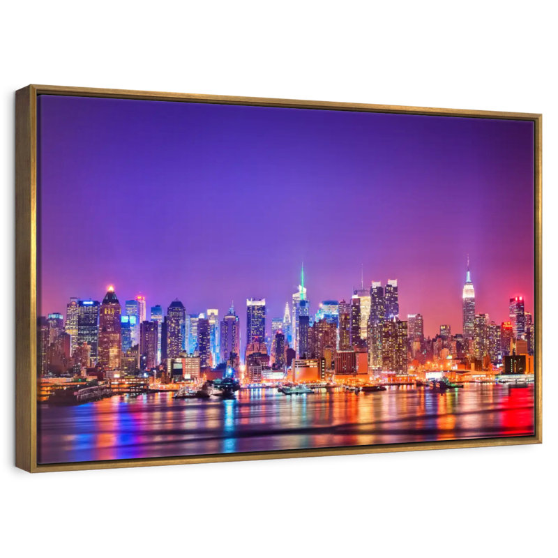 New York, la nuit, Cadre flottant doré, 37 po x 25 po