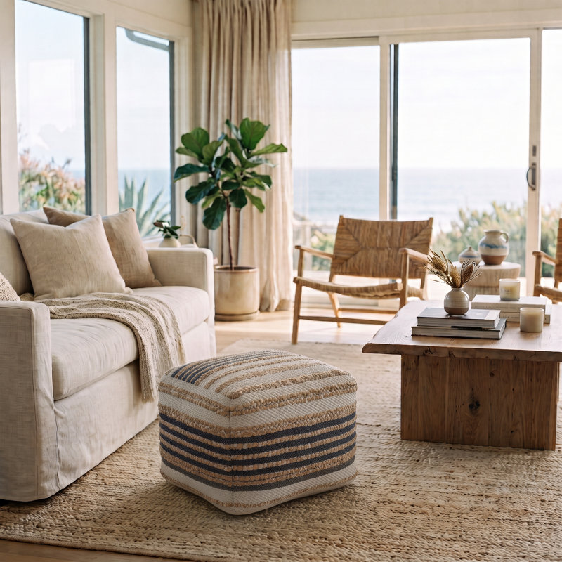 Lebo Contemporary Striped Cotton/Jute Square Ottoman Pouf