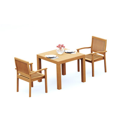 Ensemble de salle à manger 3 pièces en bois de teck de qualité A: table carrée de 36 po avec accoudoirs empilables Leveb # 11LV0802