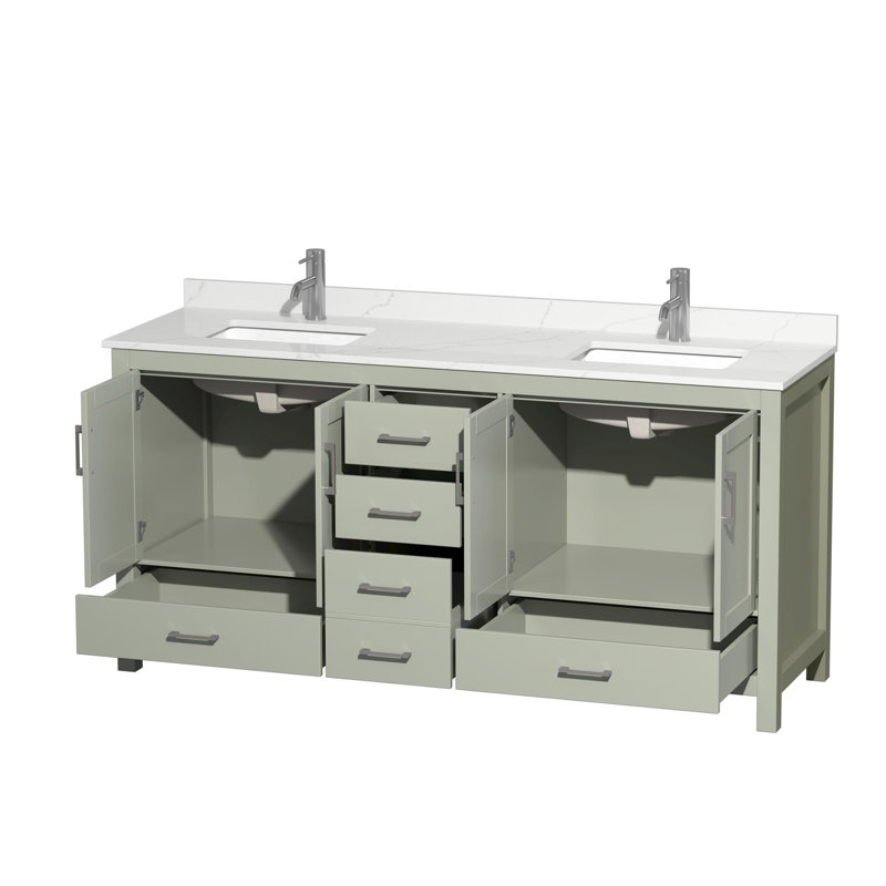 Sheffield 72" Freestanding Double Bathroom Vanity with Quartz Top, Giotto Quartz, Green, Brushed Nickel