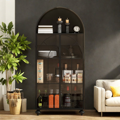 Modern Arched Storage Cabinet With Glass Doors, Open Display Shelves – Farmhouse Style Kitchen Pantry, Dining Room Accent Cabinet, Freestanding Bookcase For Living Room & Office