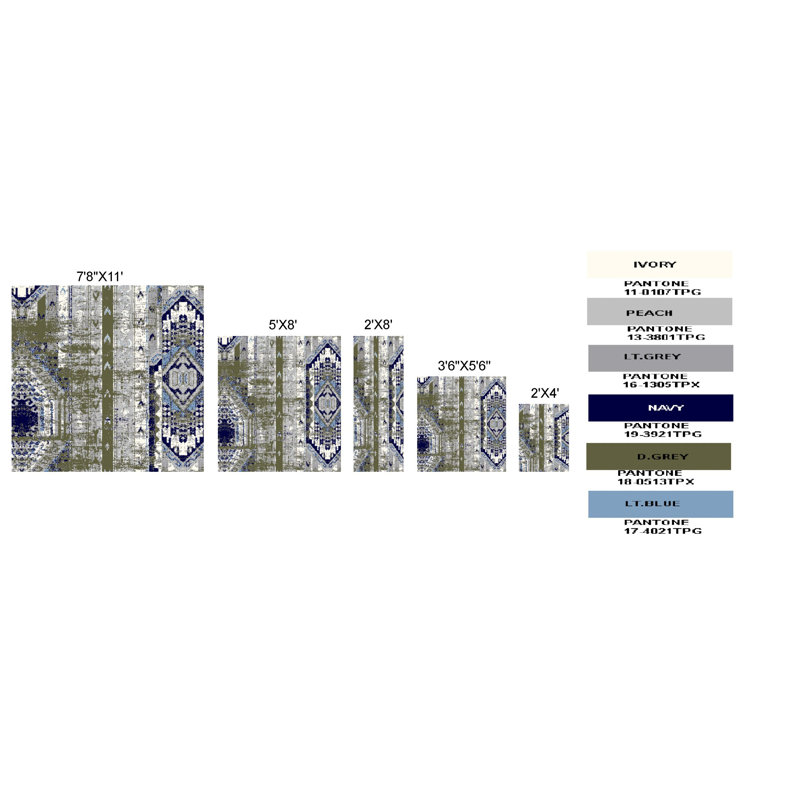 Tapis gris foncé / gris clair / bleu, Rectangle 7 pi 8 po x 11 pi