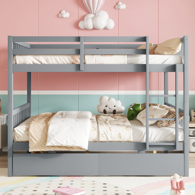 Rubber Wood Bunk Bed With 2 Drawers, Convertible Into 2  Beds,  Bunk Bed With Ladder And Safety Guardrails ,, Full Over Full