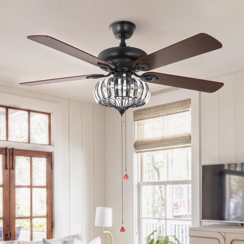 52" Crystal Ceiling Fans With Lights Remote, Black Farmhouse Chandelier Ceiling Fan Light Kit, Modern Rustic Fandeliers With 5 Wood Reversible Blades For Decorate Living Room Bedroom