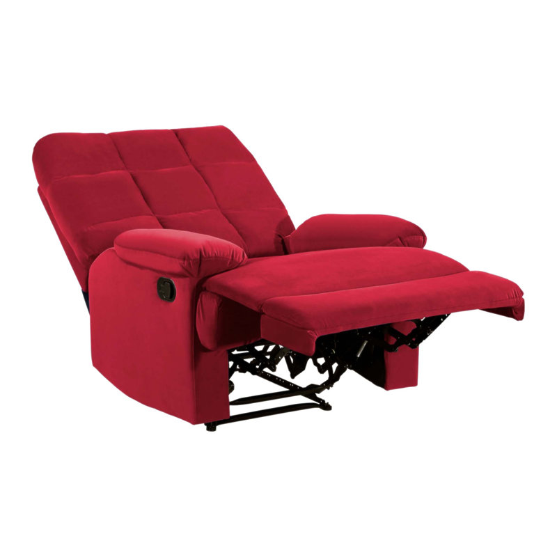 Luxurious Velvet Reclining Chair with Tufted Back and Pillowtop Arms, Perfect for Modern Living Rooms., Red