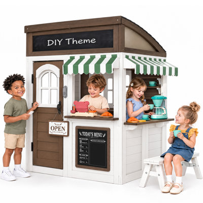 Maisonnette de jardin en bois à monter soi-même pour enfants, avec café et boulangerie, fenêtre de service, caisse enregistreuse, menu à la craie à faire soi-même, accessoires de nourriture factices, aménagements pour boutique de glaces et billetterie. Cadeau de jeu de rôle personnalisable pour les garçons et les filles à partir de 3 ans.