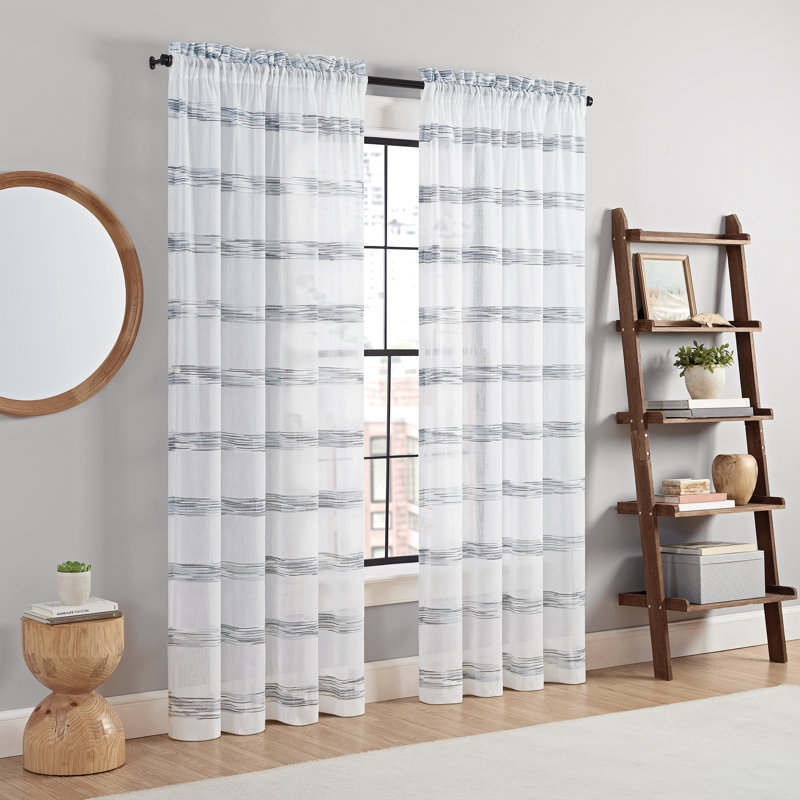 Blaurock Striped Polyester Semi-Sheer Single Curtain Panel, 52"W x 95"L, Indigo