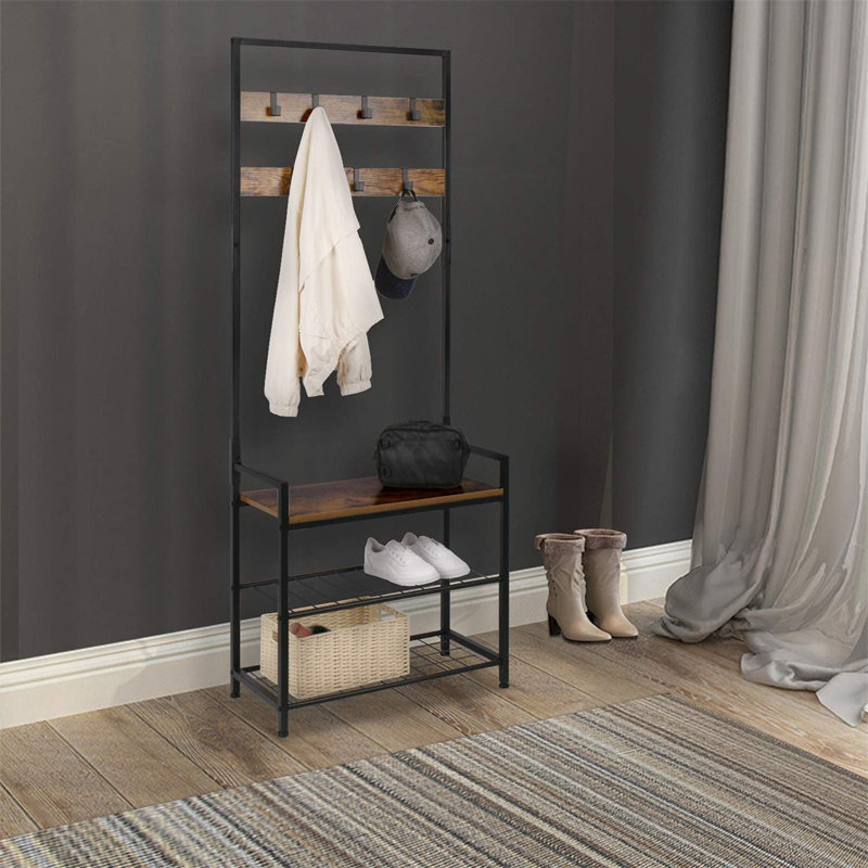 Banc à chaussures avec portemanteau, banc de rangement pour hall d'entrée d'arbre, meuble d'appoint aspect bois avec structure en métal, design 3 en 1