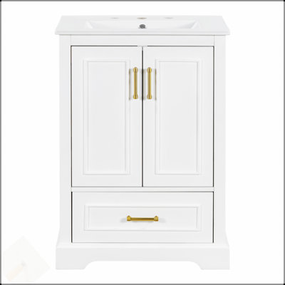 Meuble-lavabo moderne de 24 pouces avec lavabo en céramique, armoire en panneau de fibres à densité moyenne, structure en bois massif, tiroir divisé et portes à fermeture en douceur