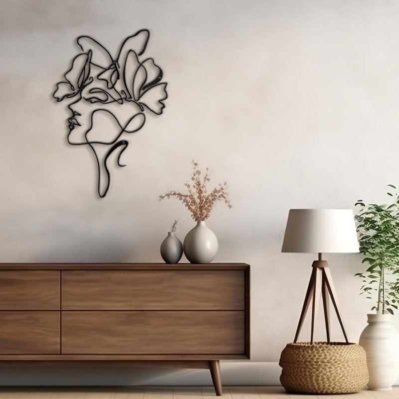 Abstract Line Women Face Modern Abstract Wall Accent Sculpture Hanging Decoration Metal Wall Decor, Blck