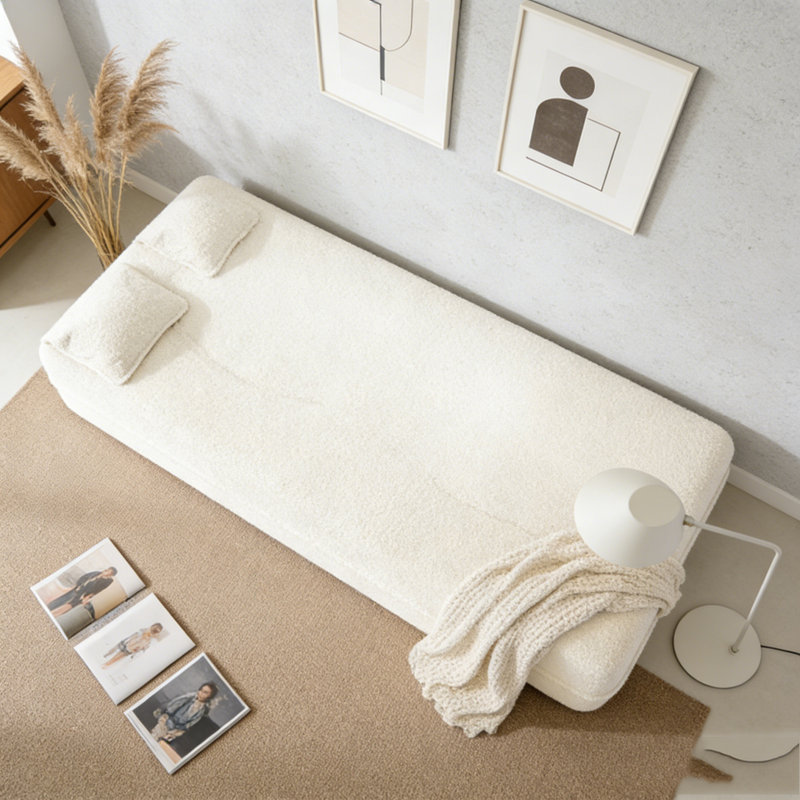 Modern Floor Sofa with 2 Pillows, Beige+White, Corduroy