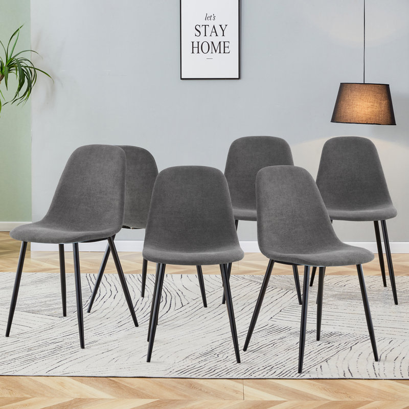 Ensemble de 6 chaises de salle à manger modernes en lin et en coton, gris foncé, siège et dossier intégrés avec pieds robustes en métal noir, l 15,8 po x P 16,9 po x H 34,5 po, idéal pour la décoration intérieure moderne - noir + gris foncé + lin + métal + Ensemble de 6
