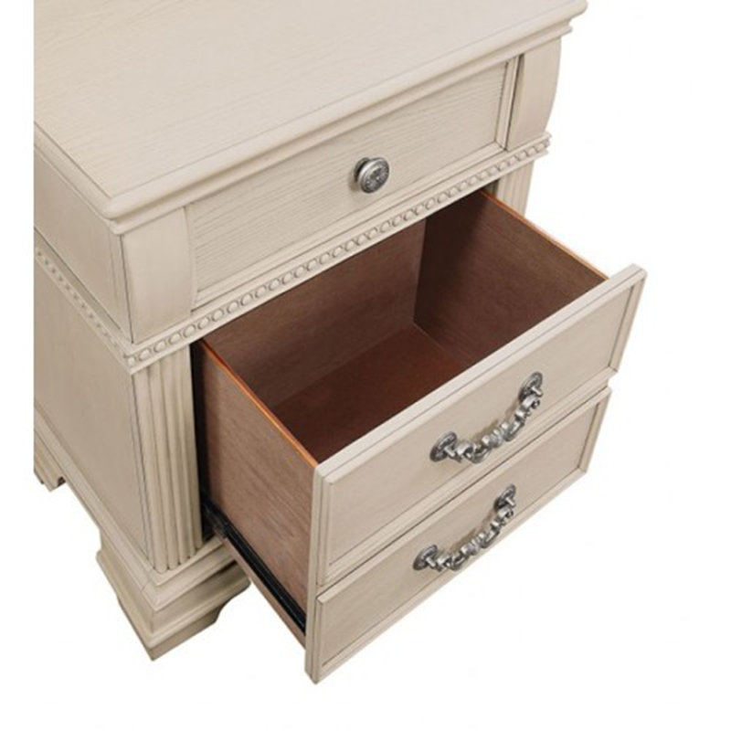 Antique White Solid Wood Nightstand - Satin Nickel Knobs & Pulls