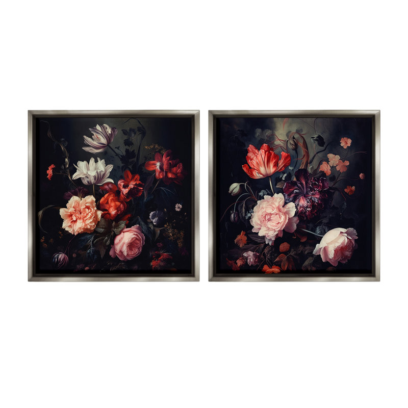 «Vintage Bouquet On» par Lazar Studio 2 - Pièces sur toile, Cadre flottant gris lustré, H 25 po x l 50 po