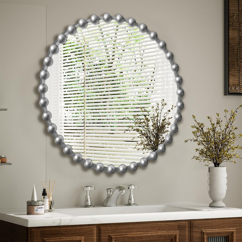 Metal-Framed Beaded Wall Mirror ,Circular Accent Mirror in Silver., Silver, 36" x 36"