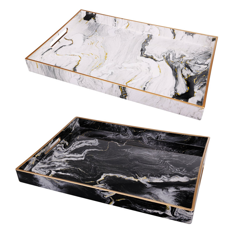 Set of 2 Plastic Trays with Black and White Marble Patterns, Decorative Modern Trays for Serving, Organization, or Centerpiece Display, 19” x 13” and 18” x 12”