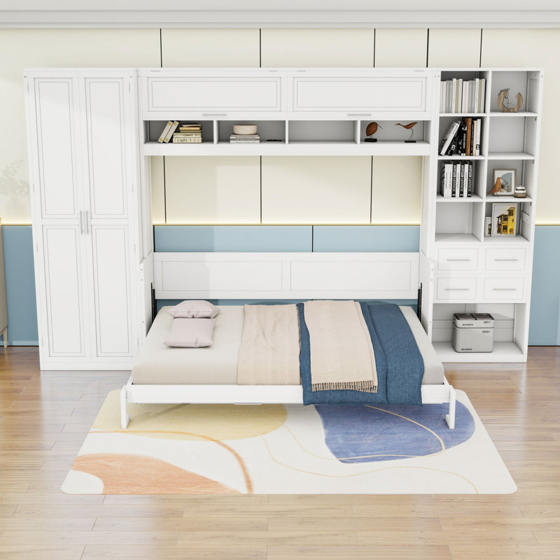 Lit escamotable en bois avec 2 tiroirs, tablettes et garde-robe, Blanc, Grand