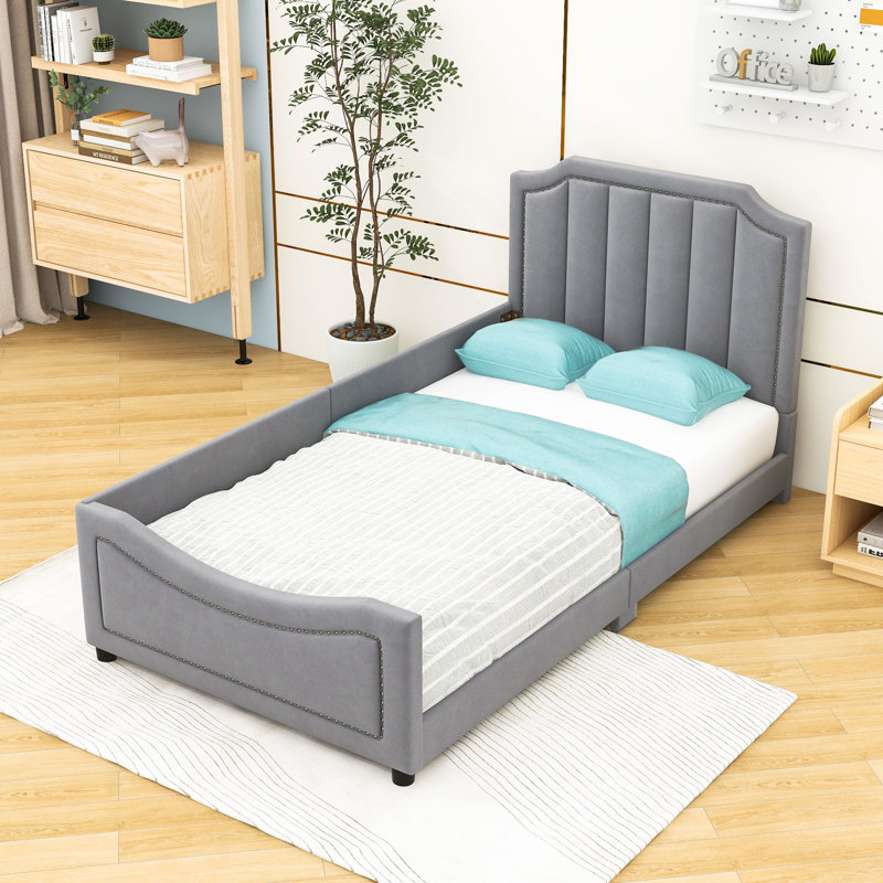 Twin Upholstered Platform Bed with Striped Headboard, Grey