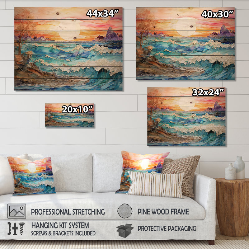 Rainbow Ocean Sunrise - Art sur bois de pin naturel, H 30 po x l 40 po