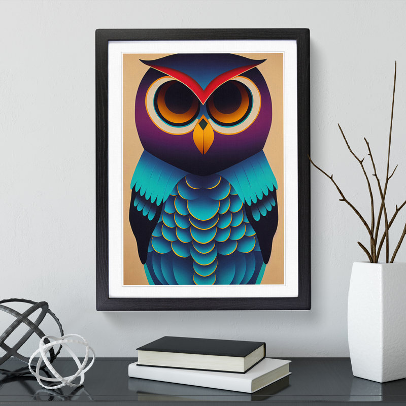 Colourful Owl No.5 Abstract - Single Picture Frame Print, Black, 34cm H x 25cm W x 2cm D