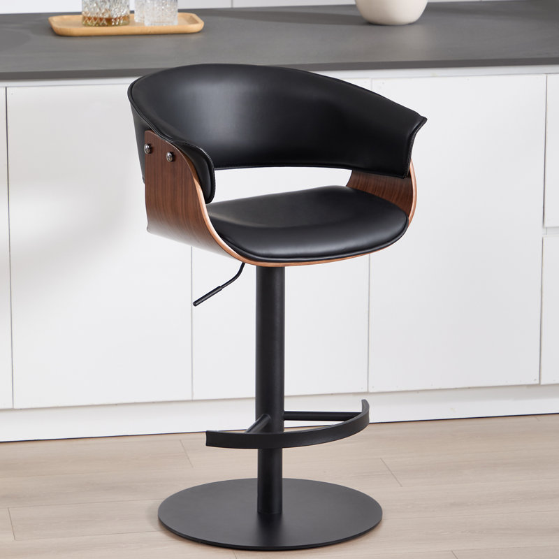 Adjustable Swivel Bar Stool with Back and Footrest, Carbon Steel Base, White Upholstered Seat, Black
