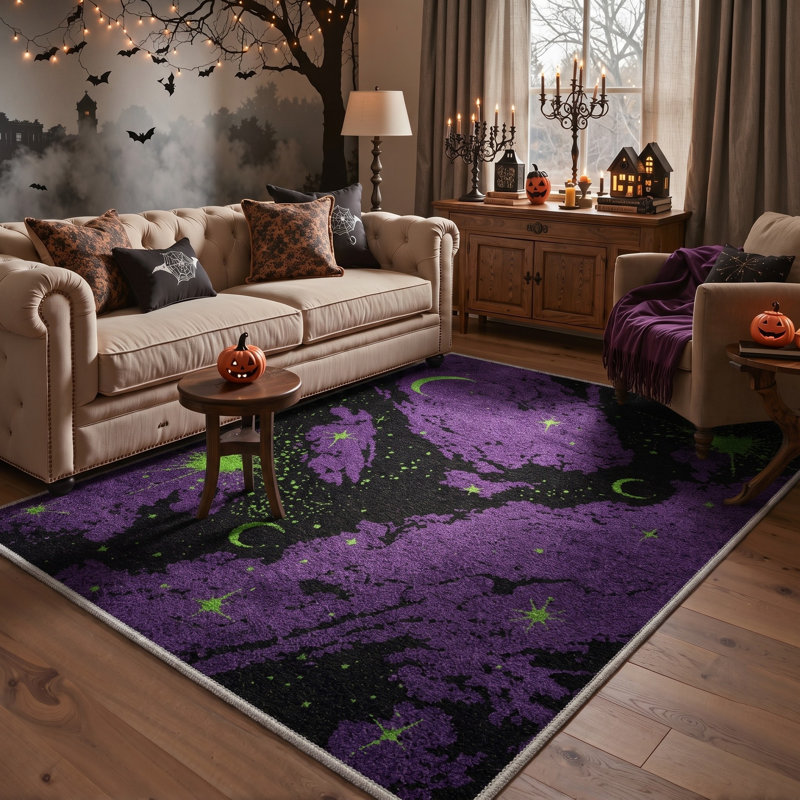 Tapis d'Halloween à motifs d'éclaboussures, noir et orange, lavable à la machine, à poils courts, antidérapant