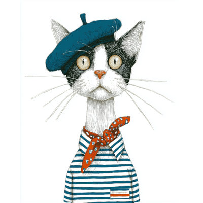 Striped Beret Cat Wrapped Canvas Wall Art