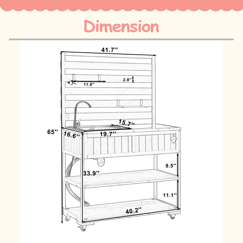 Grand chariot de cuisine en bois massif avec évier et banc de jardin avec plateau en acier inoxydable 41,7 po Simple Silhouette