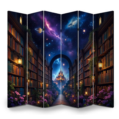 6 Panels Folding Screen Room Divider Royal Magical Cosmic Library Starry Sky Floating Planets Castle Pathway Canvas Screen Room Separator Freestanding Protective Wall Divider Privacy Partition