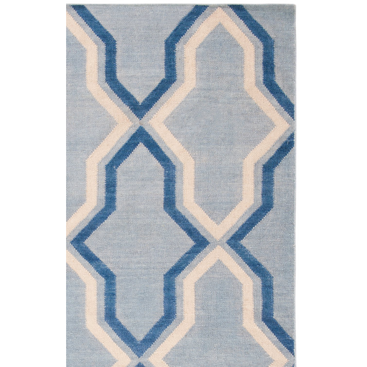Rodgers Hand Woven Flat Weave Wool/Cotton Geometric Rug in Light Blue/Dark Blue
