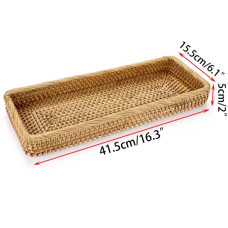 16 Inch Rattan Bathroom Vanity Tray - Decorative Wicker Toilet Tank Tray For Paper Hand Towel, Vintage Storage Basket Bin Vanity Countertop Table Shelf