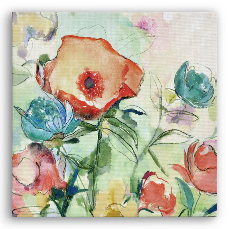 12x12 Watercolor Floral Canvas Wall Art with Hand-Painted Accents - Gallery Wrap - Coral, Teal, Lavender, and Soft Green - Modern Wall Art