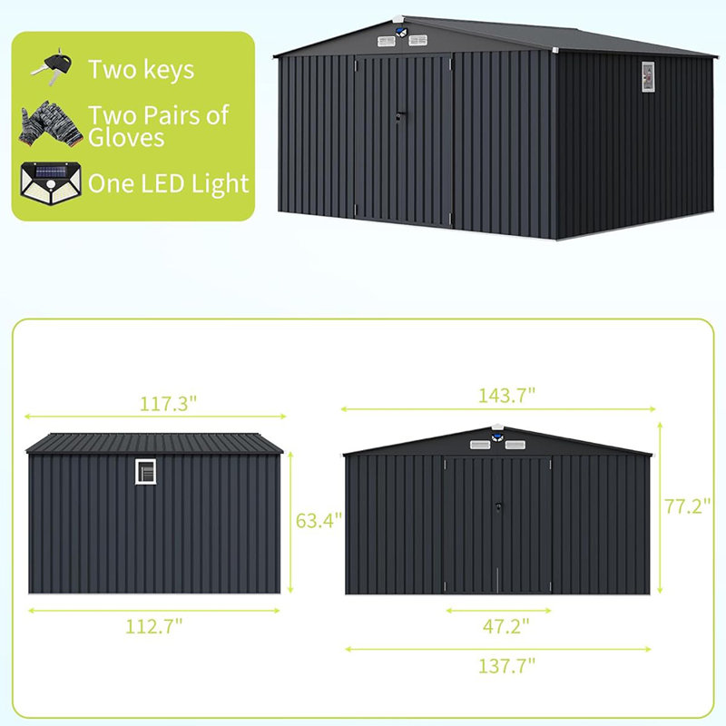 12' x 10' Outdoor Metal Storage Shed with Windows and Lockable Doors, Heavy-Duty Garden Tool Shed, Gray