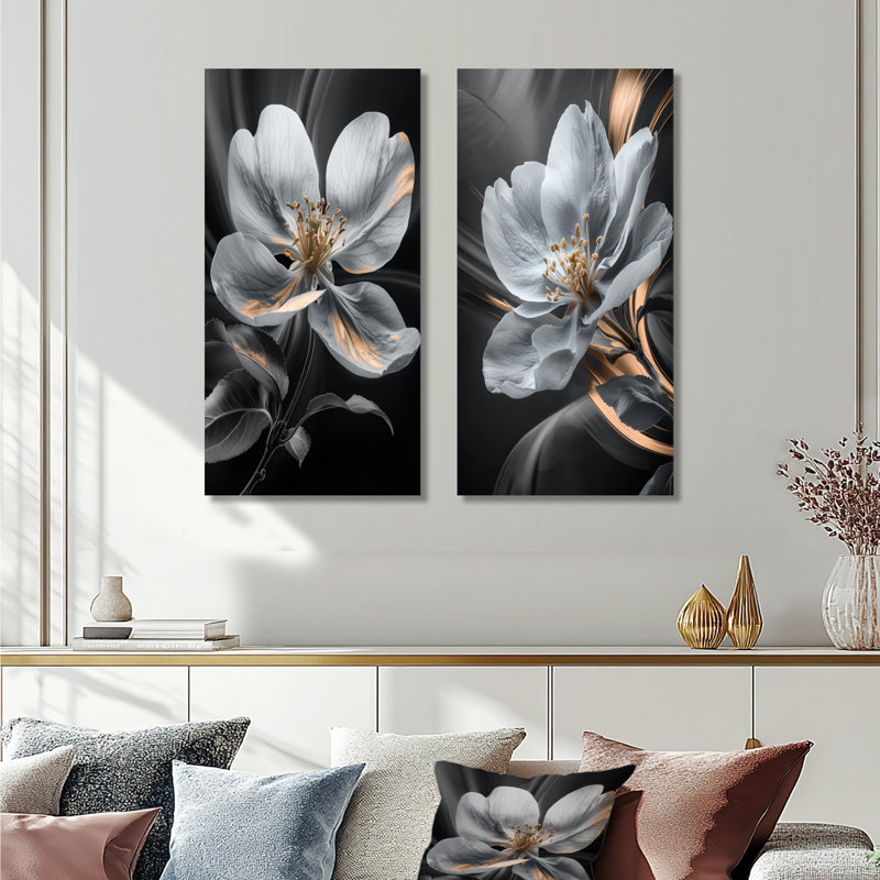 Or et gris clair de lune Bloom Apple Blossom III - art mural 2 pièces, H 40 po x l 40 po, Toile tendue