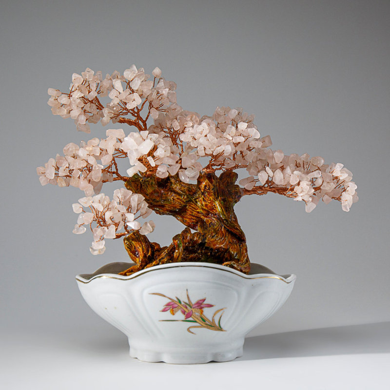 Genuine Rose Quartz Gemstone Bonsai Tree in Oval Ceramic Pot (8")