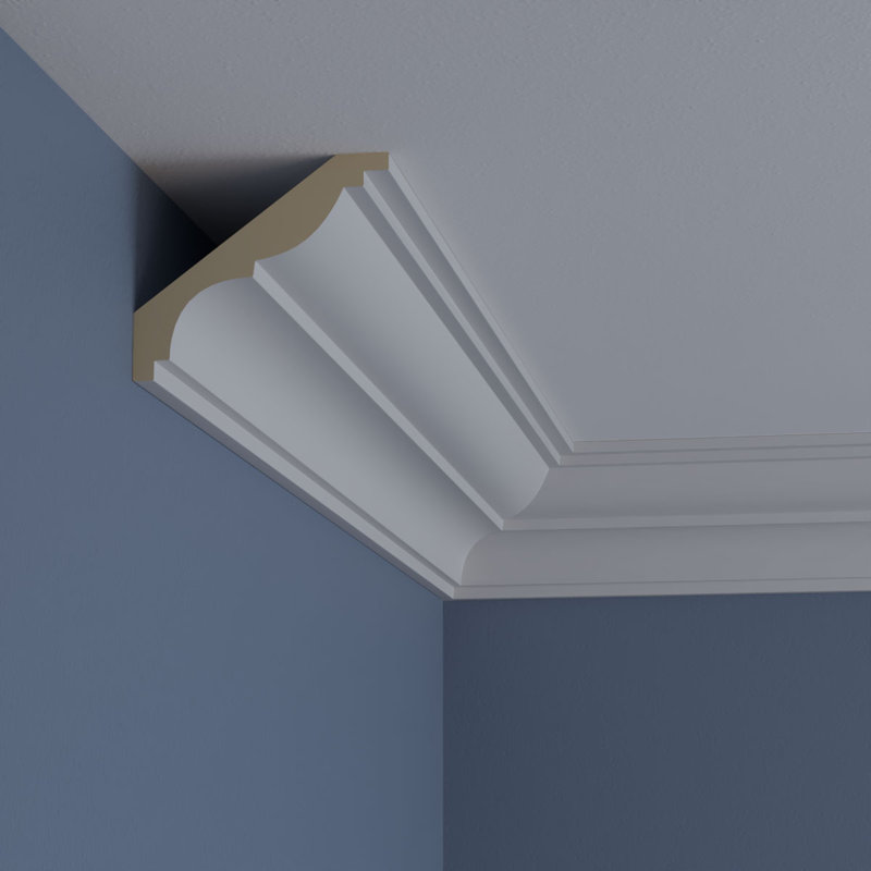 Primed White Polyurethane Traditional Crown Moulding Sample, 12" Length