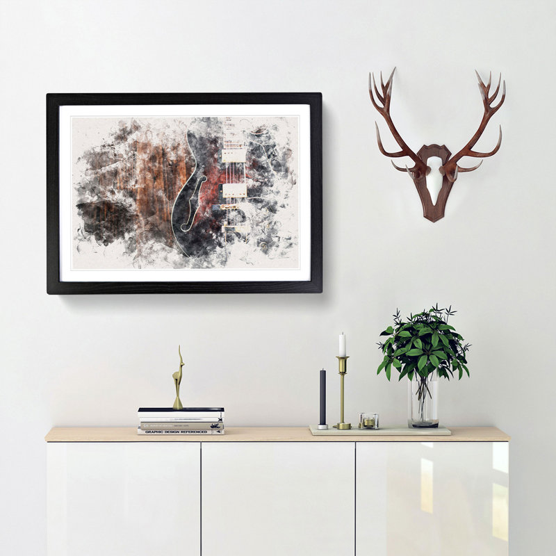 Wooden Electric Guitar - Single Picture Frame Print on MDF, 35cm H x 50cm W x 2cm D, Black