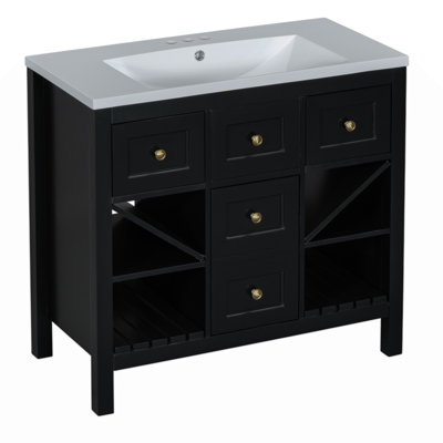 Ensemble de meuble-lavabo de salle de bain avec lavabo en résine, ensemble de meuble-lavabo autoportant avec cadre en bois massif