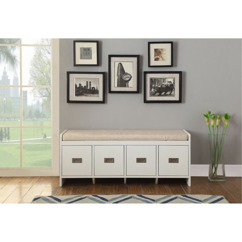 Banc en tissu beige et blanc avec rangement Berci