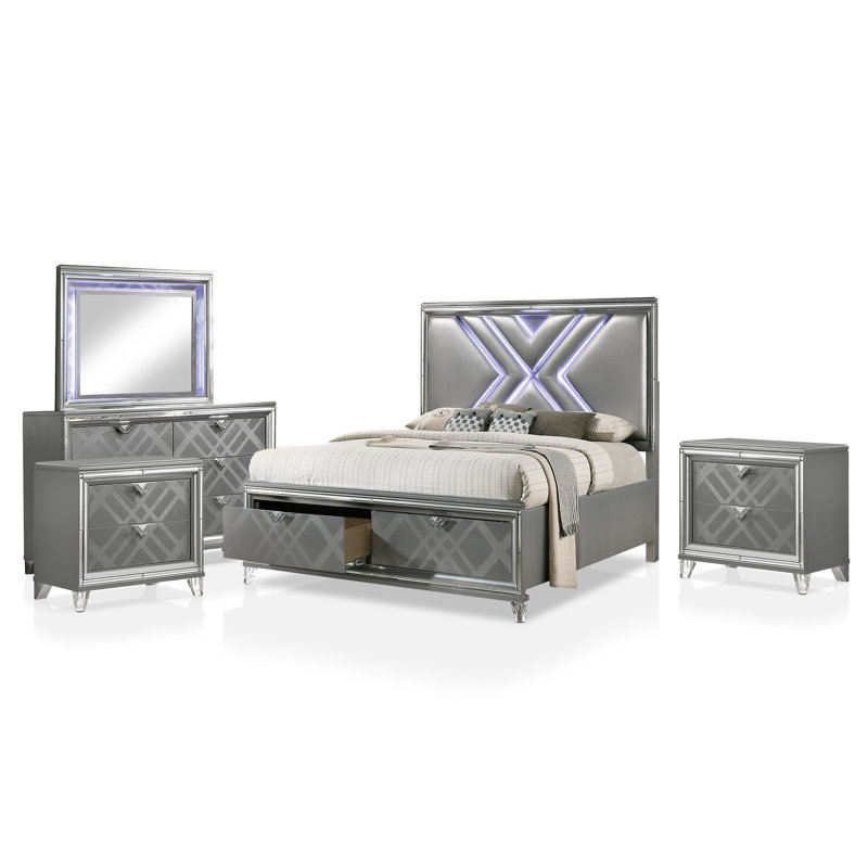 Ensemble de chambre avec lit plateforme 5 pièces Waldrup, Argent, Très grand