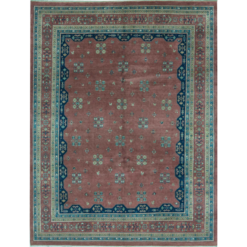 Tapis brun, vert et bleu sarcelle noué à la main de haute qualité