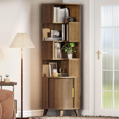 5-Tier Corner Bookshelf, 69.3'' Tall Corner Bookcase with Fluted Door, L-Shaped Corner Book Shelf Storage