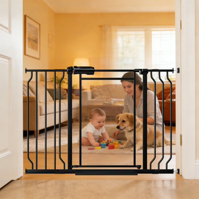 Triple Lock Pet Gate with Clear Acrylic Panel - Adjustable 38-47" Wide Pressure Mount for Stairs, Doorways Metal Black